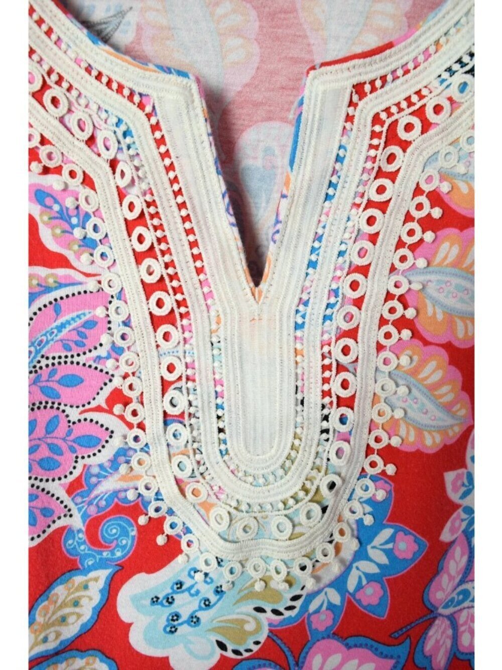TALBOTS PIMA COTTON BLEND RED PAISLEY FLORAL PRINT CROCHET TUNIC TOP - Picture 4 of 10